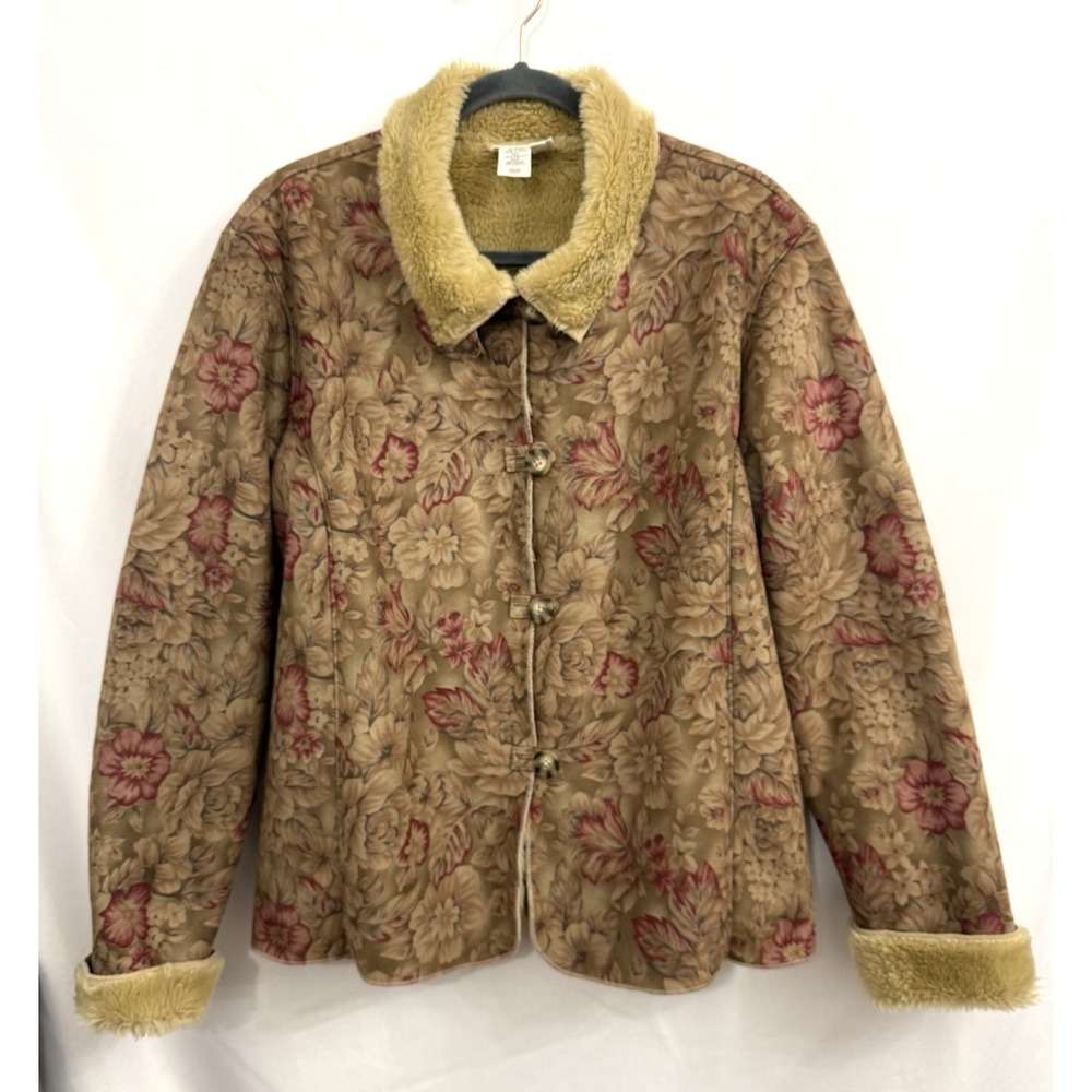 Coldwater Creek Brown Floral Faux Suede‎ Faux Fur-Lined Jacket Coat Womens PL